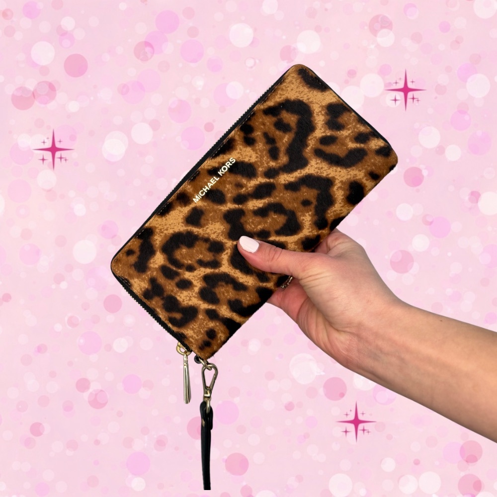 Michael Kors Leopard Haircalf-Style Zip-Around Wristlet Wallet